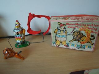 Rare Vintage 1960s Tin Toy - Clown With Lion Jumping Through A Flaming Hoop