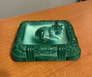 Vtg Art Deco Bohemian Glass Malachite Bulldog Pin Tray Trinket Dish Jade Swirl