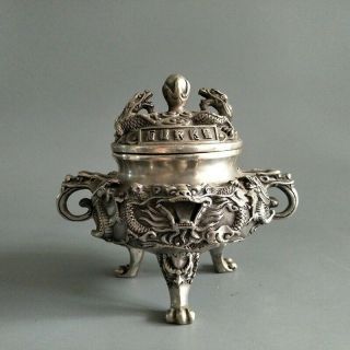 Old Chinese Tibet Silver Carved Dragon Incense Burner Qianlong Mark