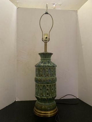Vintage Mid Century Modern Blue And Green Ornate Pillar Ceramic Table Lamp