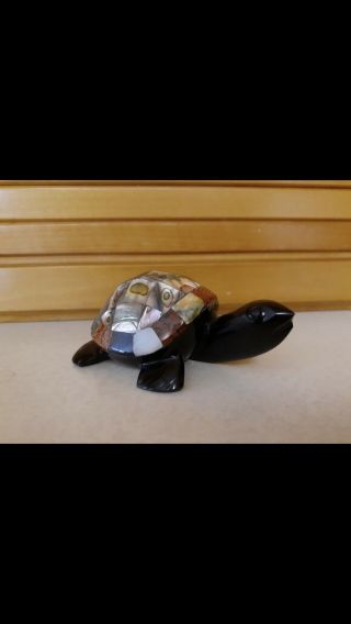 Vintage Hand Carved Black Onyx Turtle Figurine W:shell