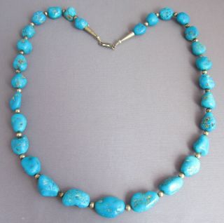 Vintage Old Pawn Coned Sterling Chunky Sleeping Beauty Turquoise Nugget Necklace