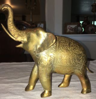 Vintage Solid Brass Elephant Trunk Up Figurine Etched Design