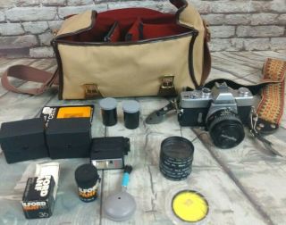 Vintage Minolta Srt 201 35mm Camera Rokkor - X Lens Case Filters Flash Bundle