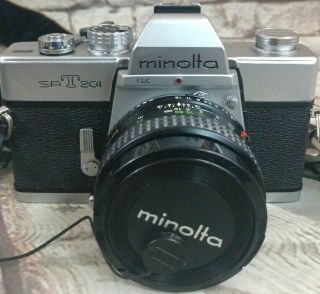 Vintage Minolta SRT 201 35mm Camera Rokkor - X Lens Case Filters Flash Bundle 2