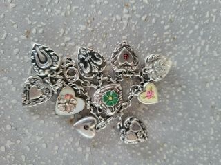 Vtg Sterling Silver Repousse Puffy Heart Charm Bracelet 10 Charms 18.  53 Grams