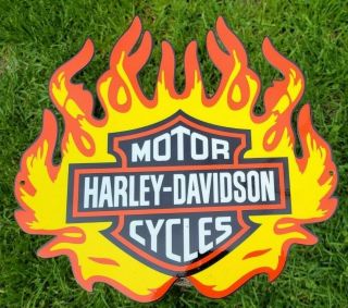 Vintage Heavy Harley Davidson Motorcycle Porcelain Enamel Metal Fire Flame Sign