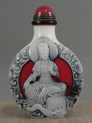 Chinese Guanyin Elephant Handmade Carved Peking Glass Snuff Bottle