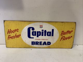 Vintage 30 " Metal Capital Bread Sign - Hours Fresher Better Flavor Gas Oil Soda