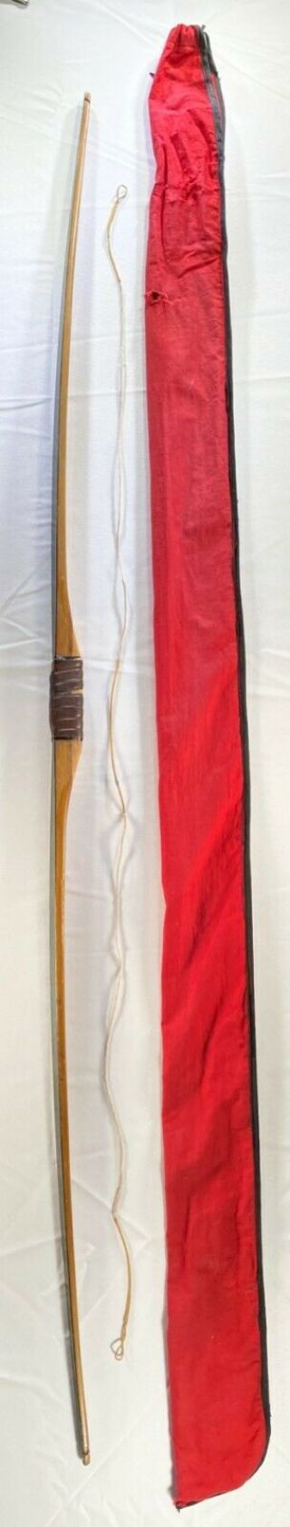 1950s Vintage Wood Longbow Bow 67 " W/ Case & String Leather Grip