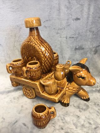 Complete Vintage Ceramic Donkey Cart Tequila Decanter Set 9 Piece