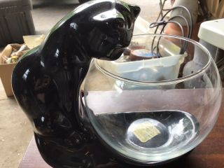 Royal Haeger Black Cat Scultpure With Fish Bowl Vinatge 1960 Ceramic