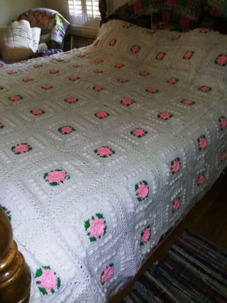 King /queen Size Vintage Crochet Afghan W Rose Pattern,  Crochet Blanket 98 X 93
