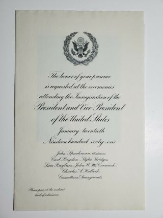 Orig Jan 20 1961 Invitation Inauguration President Jf Kennedy & Vp Johnson Nr