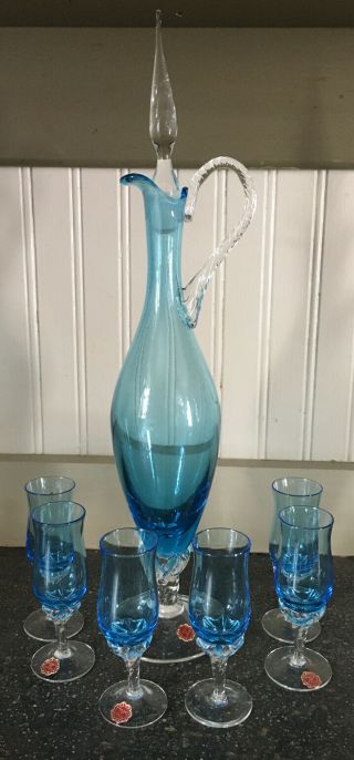 Vintage Peacock Blue Blown Glass Decanter 6 Cordial Glasses Wine Bar Italy