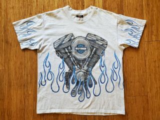 Vintage 1996 Harley Davidson Blue Flames All Over Print T Shirt Size Large