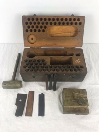 Vintage Wwii C.  H.  Hanson Co Stamping Kit Dog Tag Stamper Wood Box Set