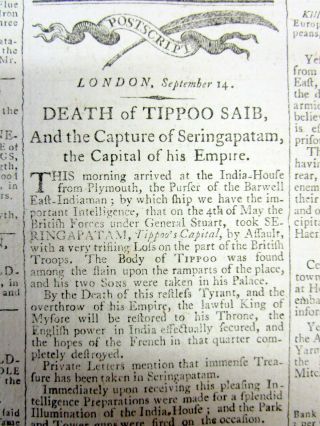 Best 1799 Display Newspaper W Death Of Tipu Sultan Ruler Kingdom Of Mysore India