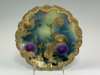 Pretty Antique Japanese Porcelain Cabinet Plate W/ Raised Gold & Thistle Flowers
