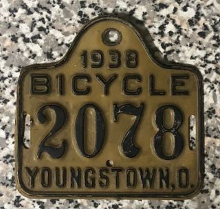 Vintage Youngstown Ohio Bicycle License Plate 1938 Prewar