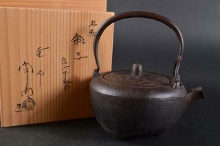 2267:xf Japanese Iron Flower Sculpture Tea Kettle Teapot Tetsubin W/signed Box
