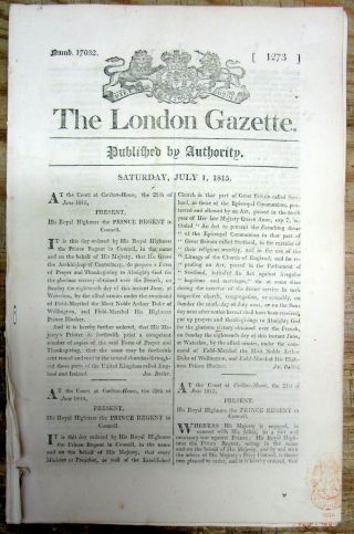 1815 London Gazette Newspaper W Proclamation British Victory Battle Of Waterloo