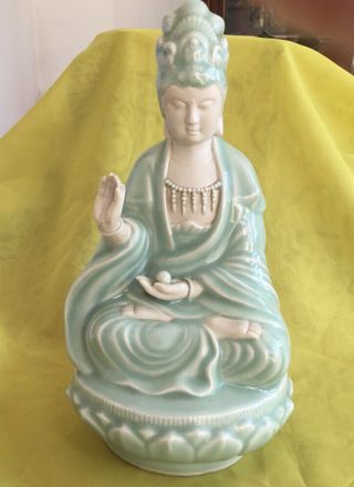Chinese Celadon Porcelain Figure Of Female Buddha Guinyin