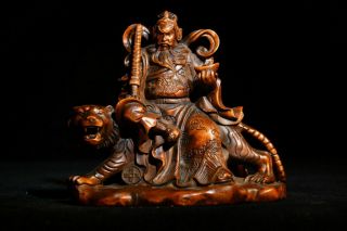 Collectable Exquisite Decor Boxwood Carving Guan Gong Rides Tiger Lucky Statue