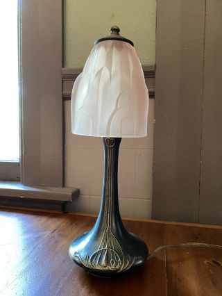 Vintage Sarsaparilla Art Deco Brass Table Lamp W/ Hand Blown Pink Glass Shade