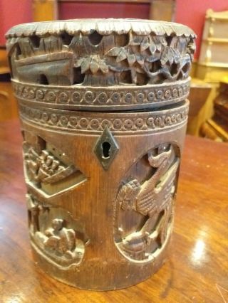 Antique Tea Caddy 19th Century Wooden Carved Chinese Box Carving Bamboo Wood