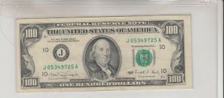 1990 (j) $100 One Hundred Dollar Bill Federal Reserve Note Kansas City Vintage