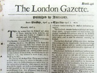 1670 London Gazette Newspaper British Sailing Ship Going To Colonial England