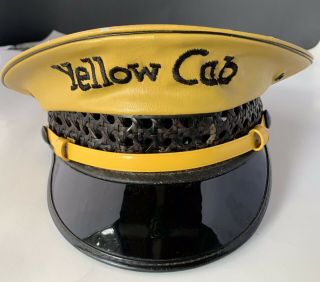 Vintage Yellow Cab Hat Taxi Size 7 Embroidered Vinyl & Wicker Lancaster Brand