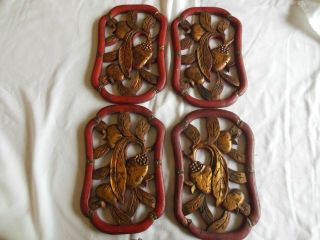 Vintage Set 4 Chinese Wood Hand - Carved Plates,  Wall Sculptures Pierced Fruit