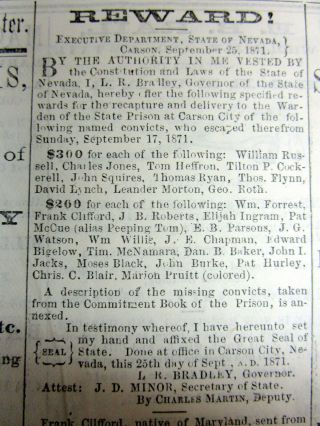 Rare 1871 Carson City Nv Newspaper W Detailed Reward Ad For Nevada Criminals