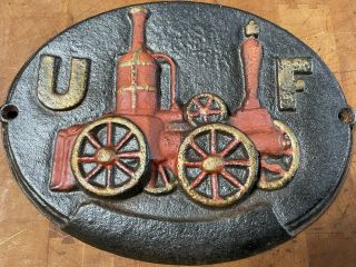 Vintage Cast Iron Uf United (union) Firefighter Insurance Fire Mark Plaque Sign