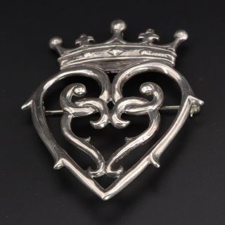 Vtg Sterling Silver - Hand & Hammer Scroll Heart Royal Crown Brooch Pin - 8g