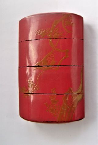 Antique Red Lacquered Japanese 4 Sectioned Inro,  With Gold Lacquer Decoration
