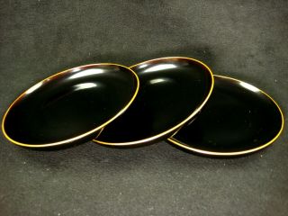 Antique 150 Yr Old Japanese Signed Set Of 3 Black Lacquer Kashizara Dish Plate