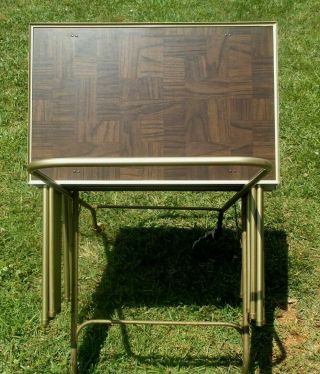 Vintage Set 6 Faux Wood Grain Metal Tv Trays With 4 Wheel Folding Stand Mcm Gold