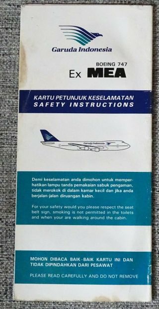 Garuda Indonesia Boeing 747 Ex Mea Airline Safety Card