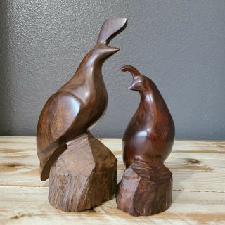 Pair (2) Vintage Hand Carved Ironwood Quail Statue Wooden Bird Figurine Mahogany