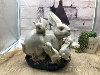 Vintage Crackled Glaze Ceramic Pottery Bunny Rabbit And Baby Bunnies