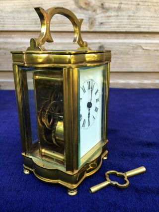 Vintage French Skeleton Solid Heavy Brass & Bevel Cut Glass Carriage Clock & Key