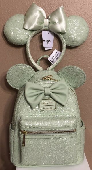 Loungefly Disney Sequin Green Backpack And Green Headband Ears Set Nwt