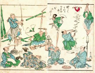 Kyosai Japanese Color Woodblock Print " Long Nose Acrobats " 1860