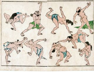 Kyosai An Japanese Color Woodblock Print " Oni Demon Calisthenics "