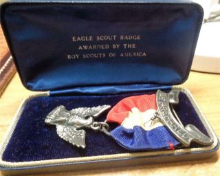 Boy Scout Eagle Medal Rob 3 W/ Coffin Box Marked Sterling On Pendant & Scroll