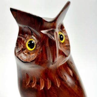 Vintage Hand Carved Wood Owl 8” Dark Smooth Wooden Mid Century Modern Mcm