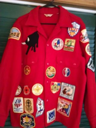 Vintage Boy Scouts Of America Official Red Wool Jacket W Numerous Patches Sz 42